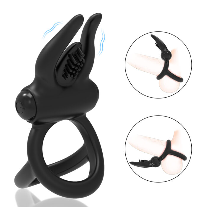 a black vibrating cock ring with dual rings for enhanced support and a rabbit-shaped clitoral stimulator. The ergonomic design provides both pleasure and comfort. Insets show how the device is worn, highlighting its functionality and the added excitement it brings to intimate activities.