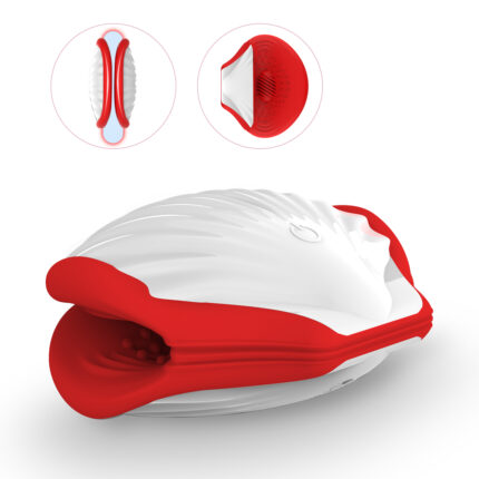 a white and red male masturbator with a unique shell-like design. The device has a textured inner sleeve and is designed to provide enhanced pleasure. The insets show cross-sectional views of the internal structure, highlighting its intricate design for a realistic feel and dynamic sensations.