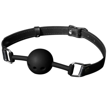 a black ball gag with adjustable leather straps and metal buckles. The ball has ventilation holes for safety and comfort during use. This bondage accessory is designed for sensory play and restraint in BDSM activities, providing a secure and stylish addition to intimate experiences.