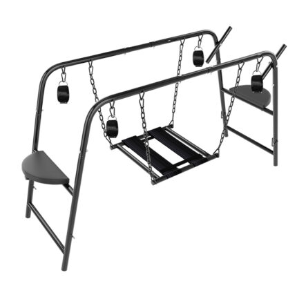 a black metal bondage swing frame designed for support and positioning during intimate activities. The frame has a sturdy structure with chains and straps for securing the swing seat. It includes padded platforms and various attachment points, making it versatile for different BDSM scenarios. This bondage swing frame is a practical and functional accessory for enhancing bondage play.