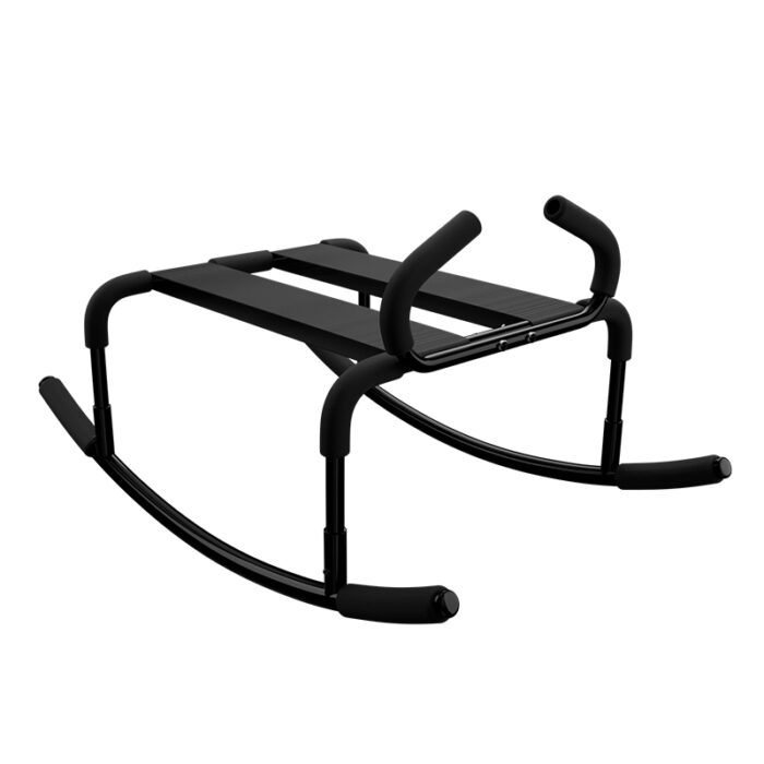 a black metal rocking bondage stool designed for support and positioning during intimate activities. The stool has a sturdy frame with padded bars and a rocking base for enhanced movement and versatility. It includes various attachment points, making it suitable for different BDSM scenarios. This bondage stool is a practical and functional accessory for enhancing bondage play.