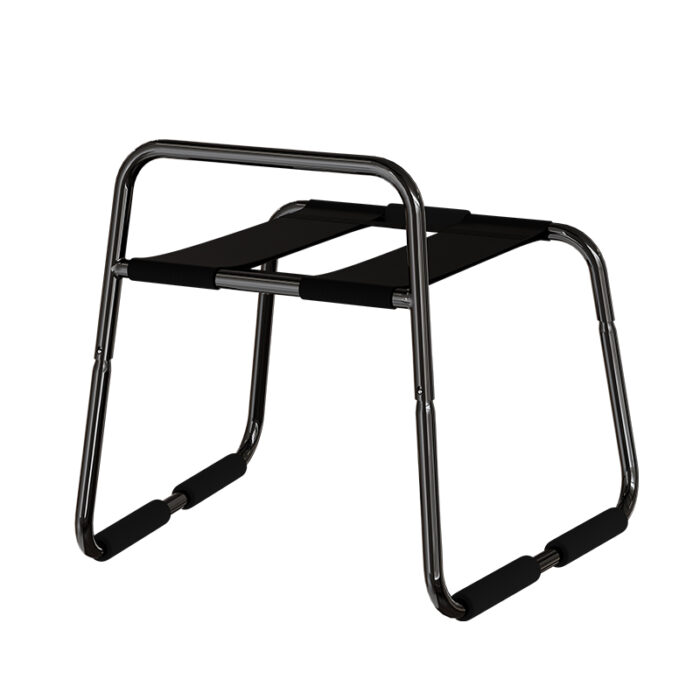 a black metal bondage stool designed for support and positioning during intimate activities. The stool has a sturdy frame with padded straps for comfort and stability. It is compact and lightweight, making it easy to move and adjust as needed. This bondage stool is a practical and functional accessory for enhancing various BDSM scenarios.