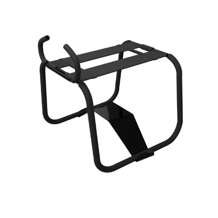 a black metal bondage chair designed for support and positioning during intimate activities. The chair has a sturdy frame with padded straps for comfort and security. It includes various adjustable components to enhance versatility and accommodate different positions. This bondage chair is a practical and functional accessory for BDSM play.