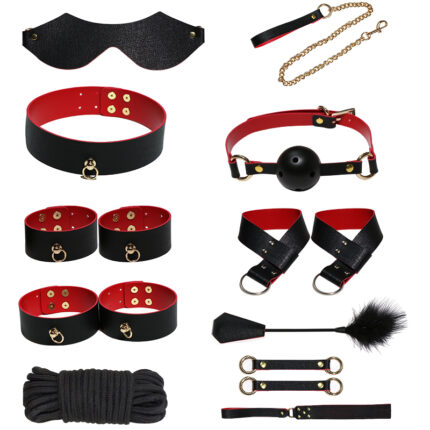 a set of black and red bondage accessories, including an eye mask, a collar with a chain leash, wrist and ankle cuffs, a ball gag, connecting straps, a paddle, a feather tickler, and bondage rope. Each item is designed with black leather and red interior, accented with gold hardware, providing a stylish and functional set for sensory play and BDSM activities.