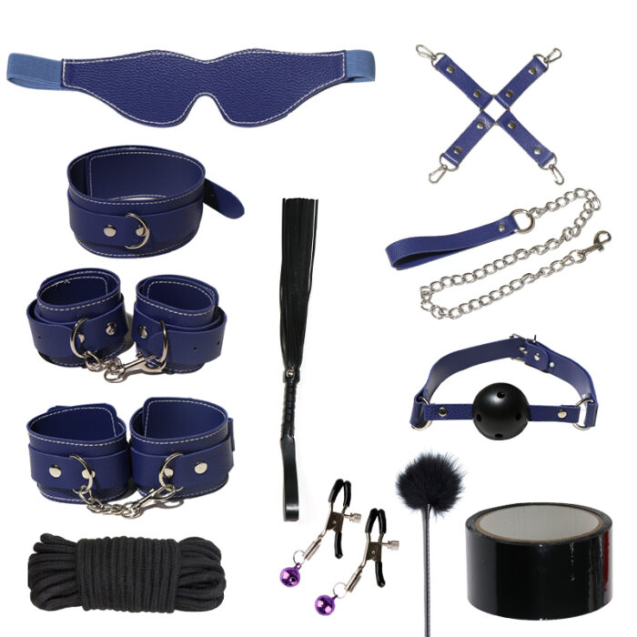 a set of blue bondage accessories, including an eye mask, wrist and ankle cuffs, a ball gag, a leash with a chain, connecting straps, a paddle, a feather tickler, nipple clamps, rope, and bondage tape. Each item is designed with blue leather and silver hardware, providing a stylish and functional set for sensory play and BDSM activities.