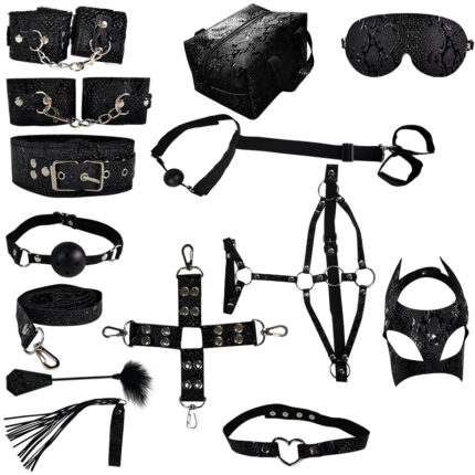 A set of black leather restraints including handcuffs, ankle cuffs, a collar, a leash, and a ball gag