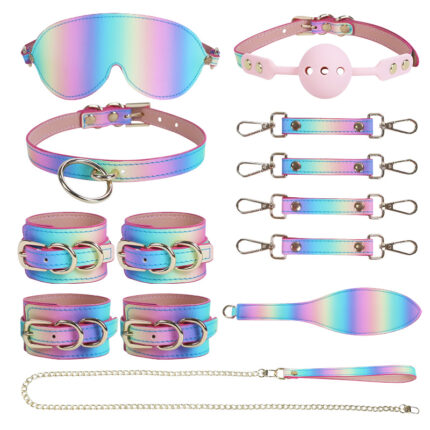 A set of rainbow leather restraints including handcuffs, ankle cuffs, a collar, a leash, and a ball gag