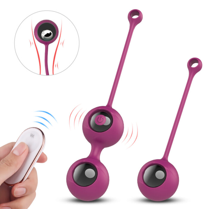 two purple kegel exercise balls with a remote control. These devices are designed to help strengthen the pelvic floor muscles. The remote control allows for different vibration modes to enhance the exercise experience.