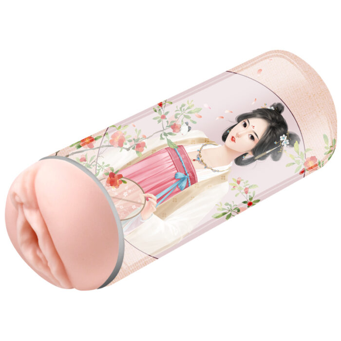 A double-headed cylindrical product designed for male pleasure, featuring a soft, flesh-toned end adorned with an illustration of a woman in traditional Chinese clothing and accessories with floral motifs. Her hair is styled in a classic updo, and she holds a fan.