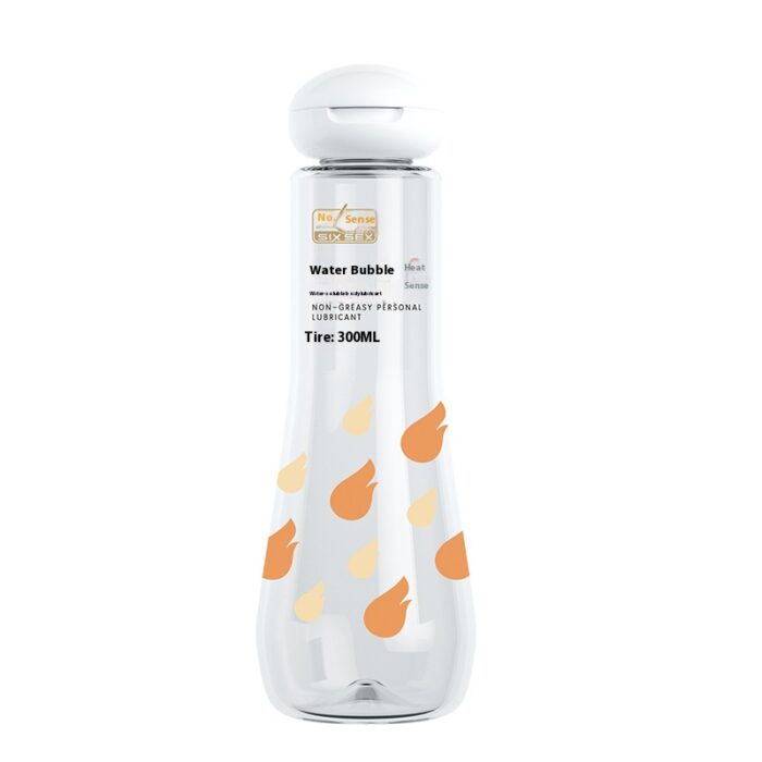 a lubricant product with a simple and modern design. The bottle is primarily white with orange drop-shaped patterns, giving it a fresh and stylish appearance. The bottle is labeled with the brand name and product information, including the phrase “Water Based,” indicating it is a water-based lubricant. The cap is designed for easy use, and the overall look is very high-end and professional. This product is suitable for users who value high quality and convenience.