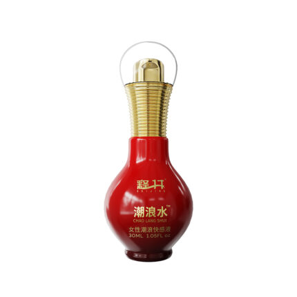 a red bottle with a golden neck and cap. The bottle has Chinese text in white, indicating it is a "潮浪水" (Chao Lang Shui) product with a volume of 30ML (1.05FL.OZ). The design is elegant and has a luxurious feel.