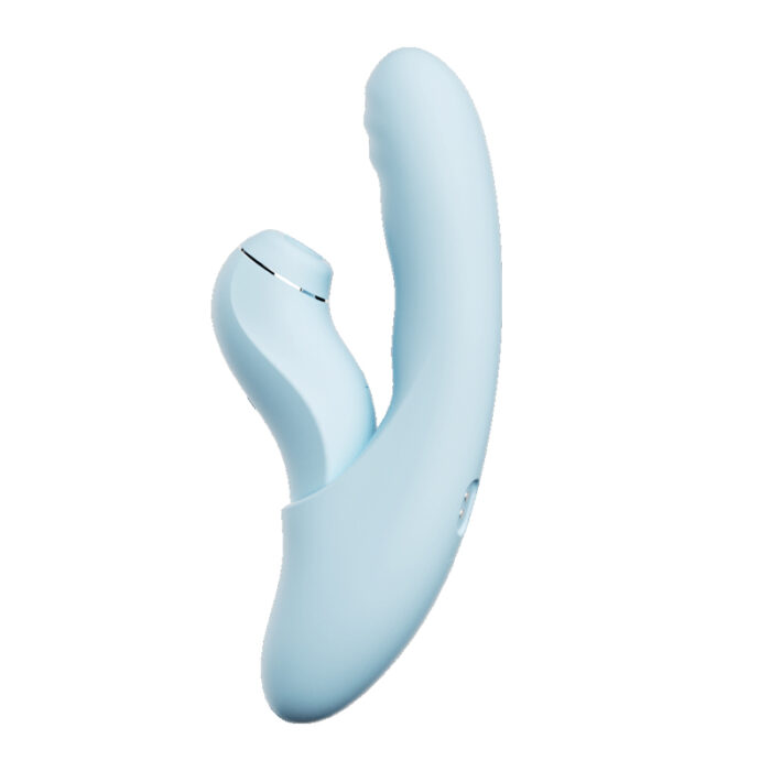 A blue adult toy with a side stimulator and wireless control. Ergonomically designed, enhancing pleasure experience and comfort, suitable for personal or couple use.