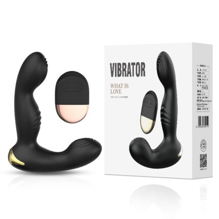 Black dual-head vibrator with a controller and packaging, modern design.