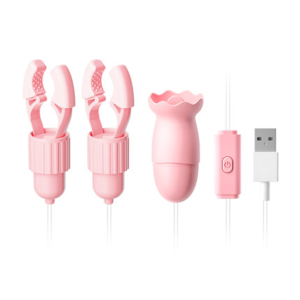 A set of pink wired vibrators, including two adjustable nipple clamps, a textured bullet vibrator, a control unit with a button, and a USB charging cable