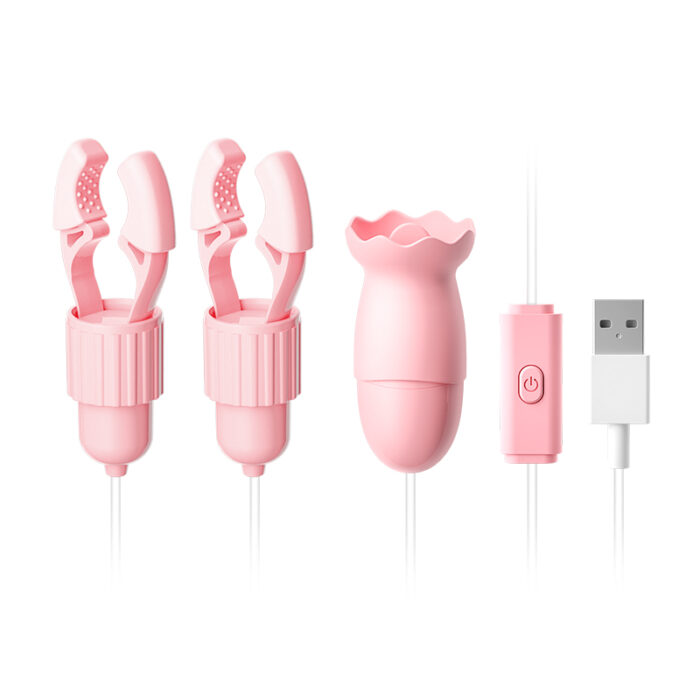 A set of pink wired vibrators, including two adjustable nipple clamps, a textured bullet vibrator, a control unit with a button, and a USB charging cable