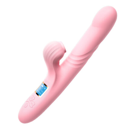 Image of a pink G-spot vibrator with dual stimulation features. The device has a slightly curved shaft with ridges and a separate clitoral stimulator on the side. It is designed for enhanced pleasure and ergonomic handling.