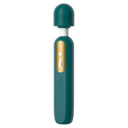 A green mini massager with gold accents and a control button. Ergonomically designed, suitable for personal use, enhancing relaxation and pleasure experiences, easy to operate.