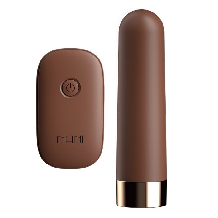 A brown mini vibrator with a wireless controller. Simple design, suitable for personal carry and use, enhancing pleasure experience, easy to operate.