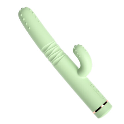 A light green dual-ended vibrator with a textured surface and a small clitoral stimulator. The design includes ribbed sections for enhanced stimulation and a sleek, smooth finish.