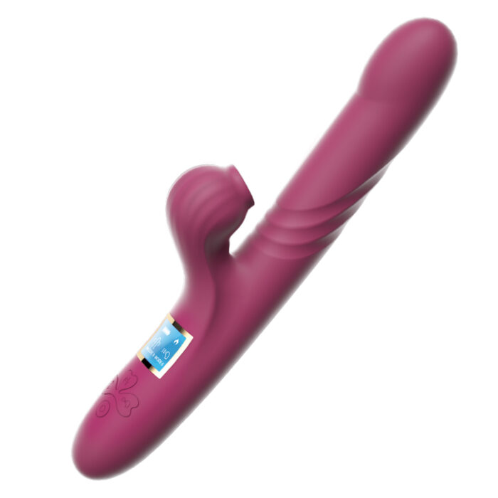 Image of a maroon G-Spot Vibrator with a clitoral stimulator. The device has a smooth finish with slight ridges near the base and a small clitoral attachment. It features a digital display screen and control buttons for different vibration modes.