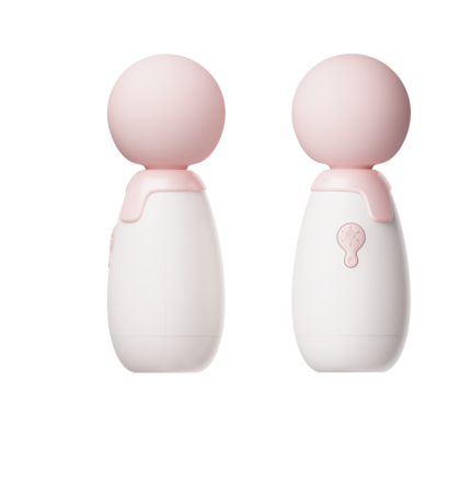 Mini massager in pink and white with a rounded top and control button. Simple and ergonomically designed, suitable for personal use, enhancing relaxation and pleasure experiences.