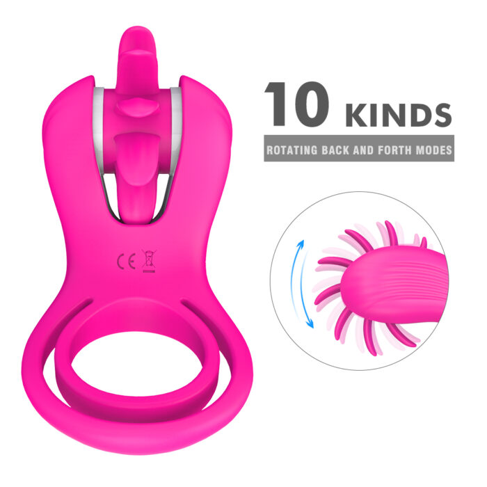 This image features a pink sex toy with a unique design that includes a rotating mechanism. The device offers 10 different back-and-forth rotating modes, as highlighted in the image. The toy seems to have a dual-ring structure, likely intended to enhance pleasure during use.