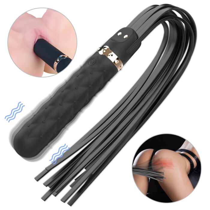 The item is a multifunctional whip designed for both pleasure and play. The handle is equipped with a textured grip for comfort and control, and the whip strands are flexible for varied intensity.