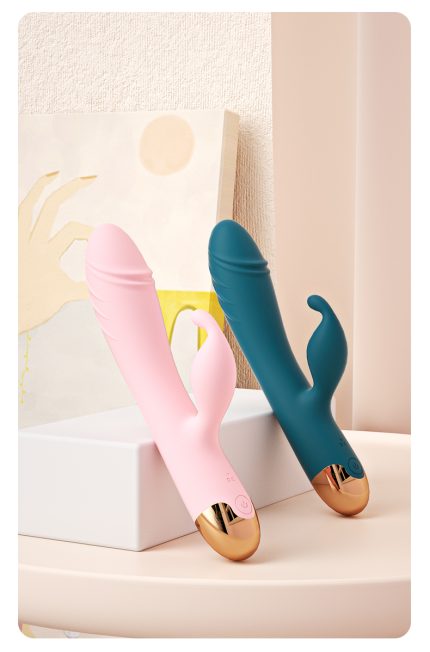 Two adult toys, one pink and one teal, both featuring side stimulators and gold accents. Suitable for various pleasure scenarios, enhancing user experience.