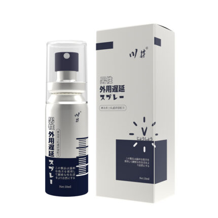 a male spray product with a simple and modern design. The spray bottle and packaging box are primarily white and dark blue, giving it a very high-end and professional appearance. The spray bottle comes with a transparent cap, and the bottle is printed with the brand name and product information. The packaging box also displays the same brand logo and product description, highlighting its main functions and usage instructions. The overall design looks very professional and high-quality, suitable for male users who value effectiveness and attractive packaging.