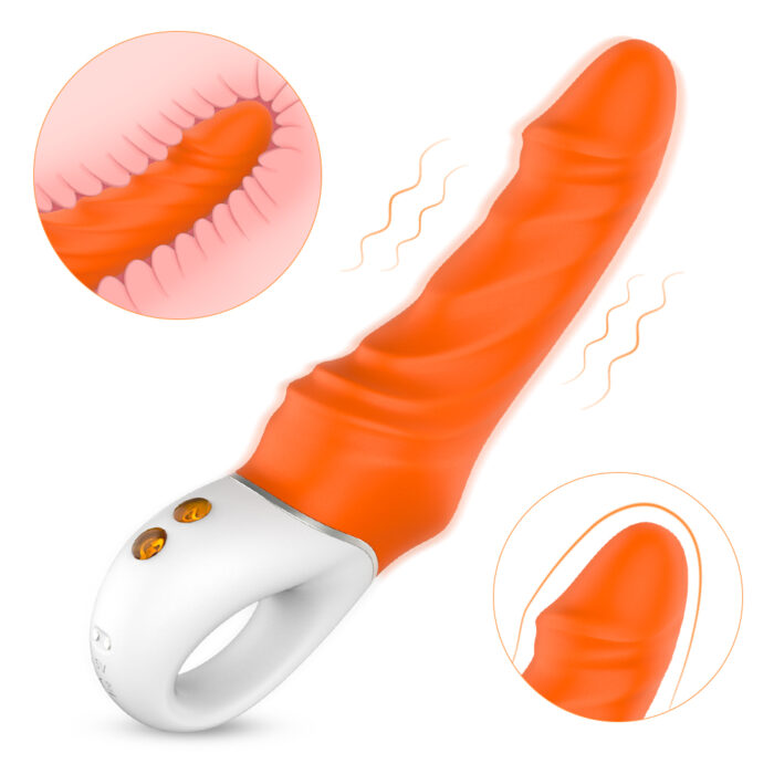 ChatGPT This image features an orange vibrator designed for female pleasure. The vibrator has a ribbed, realistic shape to mimic the texture of a penis. It includes buttons for adjusting vibration settings and has a loop handle for easy maneuverability.