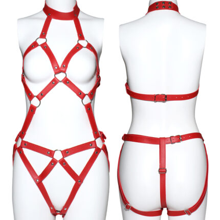 a red leather harness designed for full-body wear. The harness features multiple adjustable straps and buckles, providing a secure and customizable fit. The front view shows a pattern of interlinked straps forming geometric shapes, while the back view displays a similar configuration with additional support straps around the waist and hips. This type of harness is often used in BDSM activities, adding an element of style and restraint to the experience.