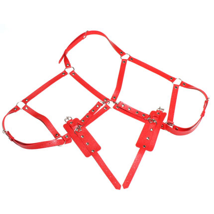 a red leather bondage harness with multiple adjustable straps and metal buckles. The harness is designed to fit securely around the body, providing both support and an alluring visual effect. The bold red color and sturdy construction make it a striking accessory for intimate play.