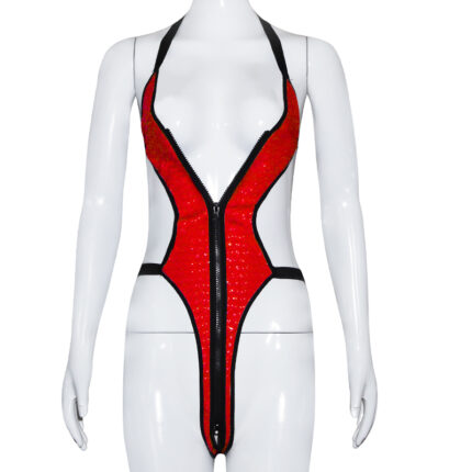 a red and black halter neck bodysuit with a front zipper design. The form-fitting piece accentuates the curves and adds a bold, seductive touch to the wearer’s look, perfect for creating an alluring and confident appearance.