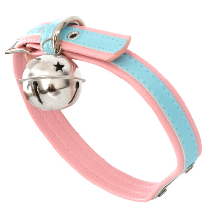 a pink and blue collar with a silver bell attached. The collar is designed with contrasting colors and a decorative bell, providing a stylish and playful accessory for pet play or fashion purposes.