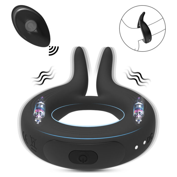 a black vibrating cock ring with dual vibrating prongs for enhanced stimulation. The device is designed with a sleek, ergonomic shape and includes a wireless remote control for convenient operation. An inset shows how the device is worn, illustrating its functionality and the added excitement it brings to intimate activities.