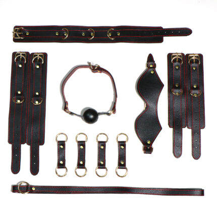 A set of black leather restraints including handcuffs, ankle cuffs, a collar, a leash, and a ball gag