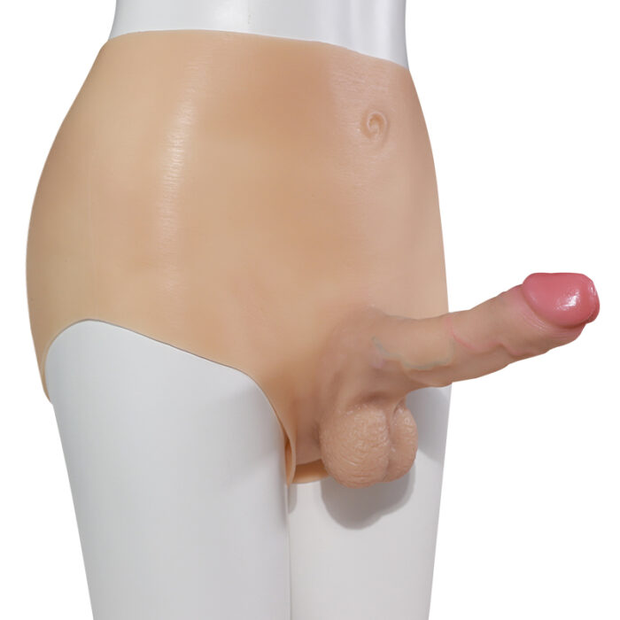 A mannequin is wearing a "Female wearable simulation electric retractable penis female masturbator lala les triangle adult sex product," which features realistic, flesh-colored details designed to resemble male genitalia. This prosthetic fits snugly around the waist and over the hips like a pair of briefs.