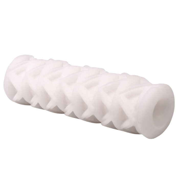 The Portable Mini Double-Sided Airplane Mug Men's Masturbation Apparatus is a white cylindrical plastic roller with a hollow core and a patterned surface. It features X-shaped indentations wrapped around it, making it suitable for applications that require surface texturing or massaging.