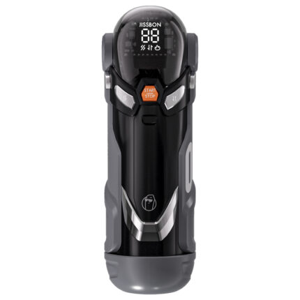 A black high-tech adult toy with an LED display and an orange button. Avant-garde design, suitable for enhancing personal or couple pleasure experiences. Easy to operate with a futuristic feel.