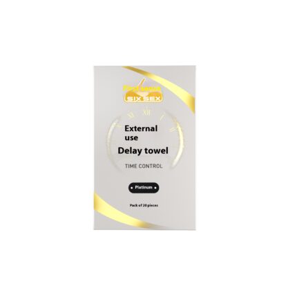 an external use delay towel product with a simple and modern design. The packaging is primarily white, with gold and black text and graphics, giving it a very high-end and stylish appearance. The package displays the brand name, the product use “External use Delay towel,” and the main function “Long lasting.” The overall design looks very professional and high-quality, suitable for users who value practical effects and attractive packaging.