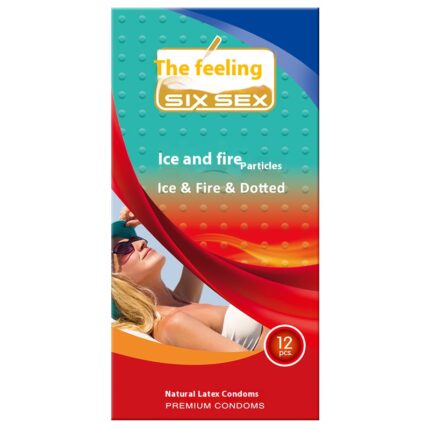 The Feeling Six Sex Ice and Fire Particles Condoms, natural latex, 12 pieces, ice and fire dual effect.