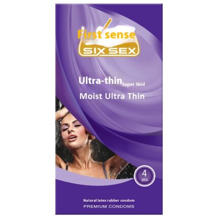 First Sense Six Sex Ultra-thin Moist Condoms, natural rubber latex, 4 pieces, super slick fit.