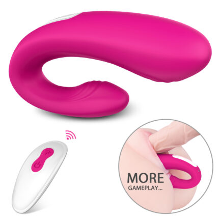 This image displays a pink G-spot and clitoral vibrator designed for dual stimulation. The ergonomic design allows for simultaneous internal and external pleasure. It comes with a remote control for ease of use and varied gameplay options.