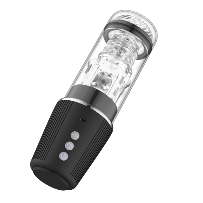 a transparent male masturbator, often referred to as a "fleshlight" or "stroker." The device has a black base with control buttons and a transparent sleeve that allows the user to see the internal mechanisms. The inner sleeve appears to have a textured surface designed to enhance stimulation. The buttons likely control various features such as vibration, rotation, or suction, providing a customizable experience for the user. The clear design allows for easy cleaning and maintenance.