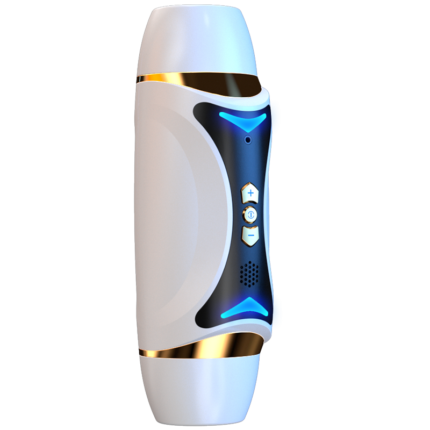 The Airplane Cup Automatic Male Masturbator Penis Trainer Electric Clamp Suction Cup Adult Sex Toy features a sleek, cylindrical design with white ends and a curved white grip section. It has a black central panel with a blue glowing edge and includes three white buttons marked with plus, minus, and power symbols. The ends and the central panel are accented with gold trim for an elegant finish.