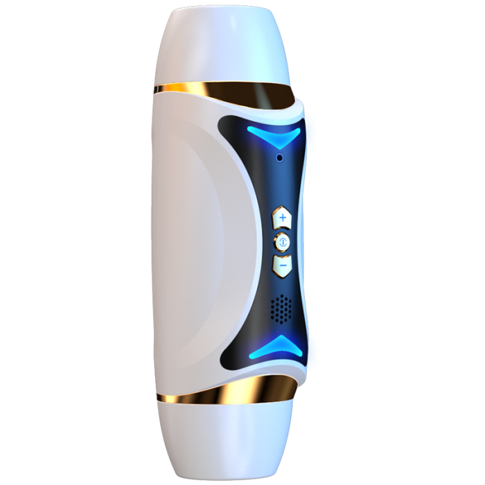 The Airplane Cup Automatic Male Masturbator Penis Trainer Electric Clamp Suction Cup Adult Sex Toy features a sleek, cylindrical design with white ends and a curved white grip section. It has a black central panel with a blue glowing edge and includes three white buttons marked with plus, minus, and power symbols. The ends and the central panel are accented with gold trim for an elegant finish.