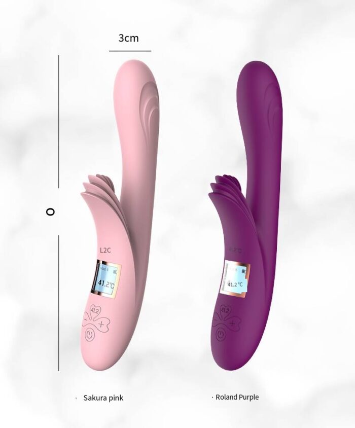 Two G-spot vibrators, one in pink and one in purple, each with a curved design and a clitoral stimulator attachment. Both feature control buttons and a smooth finish for comfortable use.