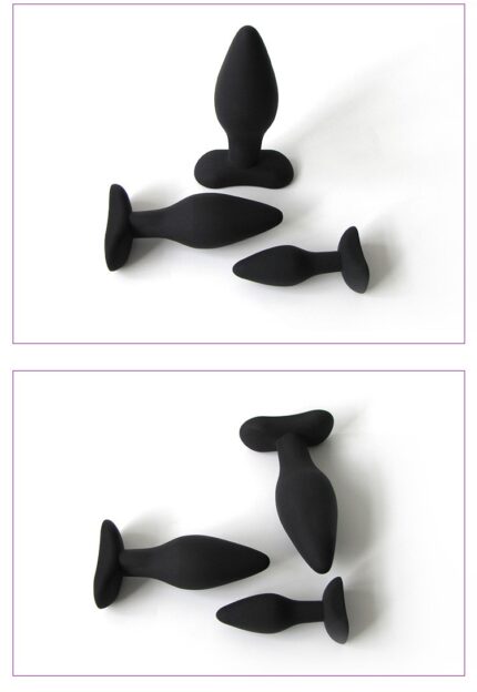 a set of black silicone butt plugs in different sizes. The plugs are tapered for easy insertion and have a flared base to prevent them from being fully inserted. The material appears to be smooth and flexible, providing comfort and safety during use.