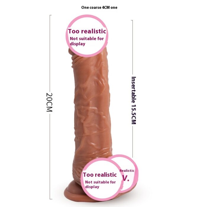 The image features a highly realistic, brown-colored massager with a detailed texture. It measures 20 cm in length, with an insertable length of 15.5 cm and a diameter of 4 cm. The text indicates the product's lifelike appearance.