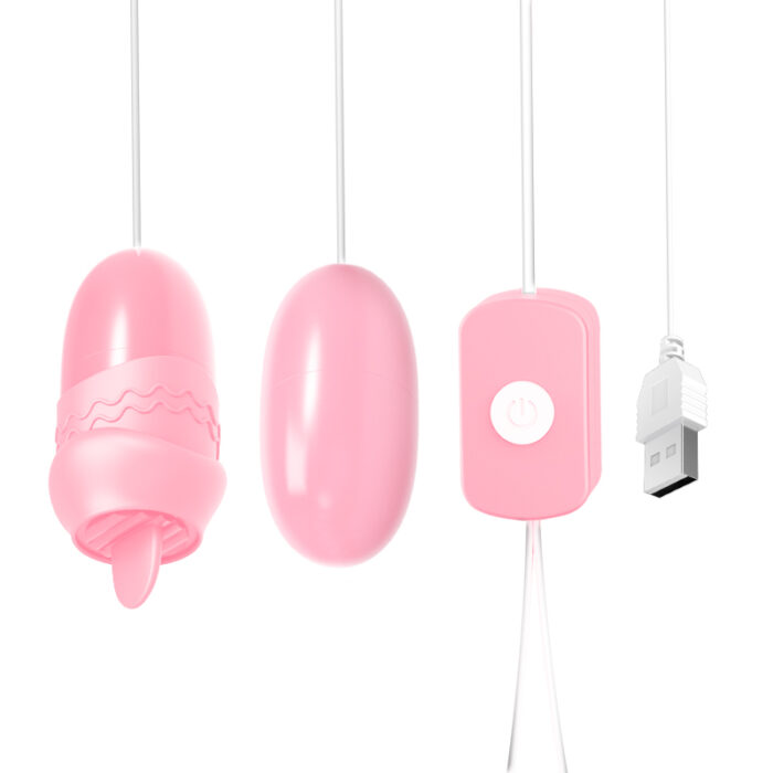 A set of pink wired vibrators, including an egg-shaped vibrator, a textured bullet vibrator, a control unit with a single button, and a USB charging cable.